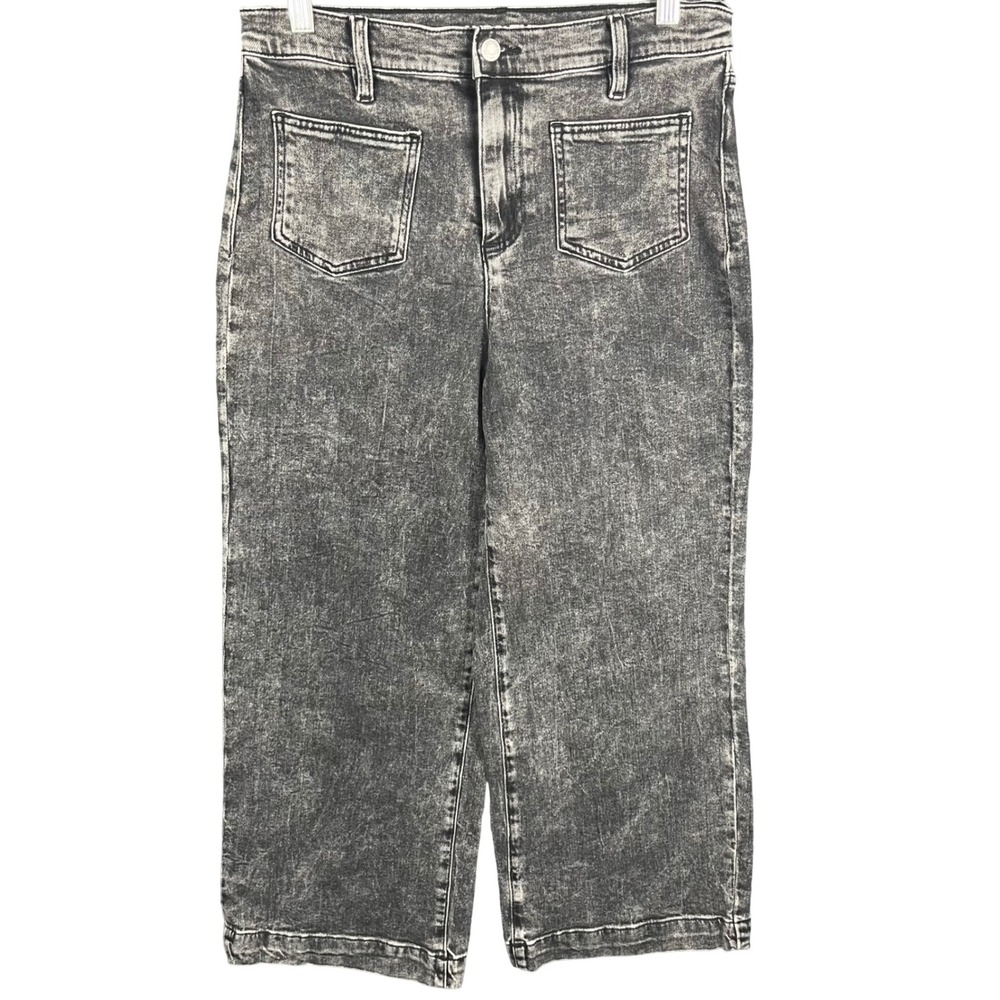 Lands' End Jeans Women 8 Black Acid Wash High Rise Wide Leg Cropped Patch Pocket